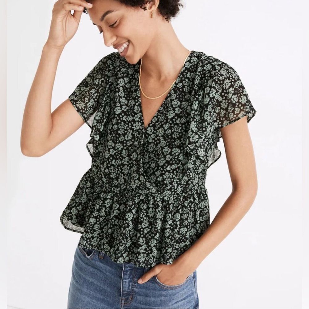 Madewell Georgette Ruffle-Sleeve Peplum Top in Fleur Field Size Small EUC